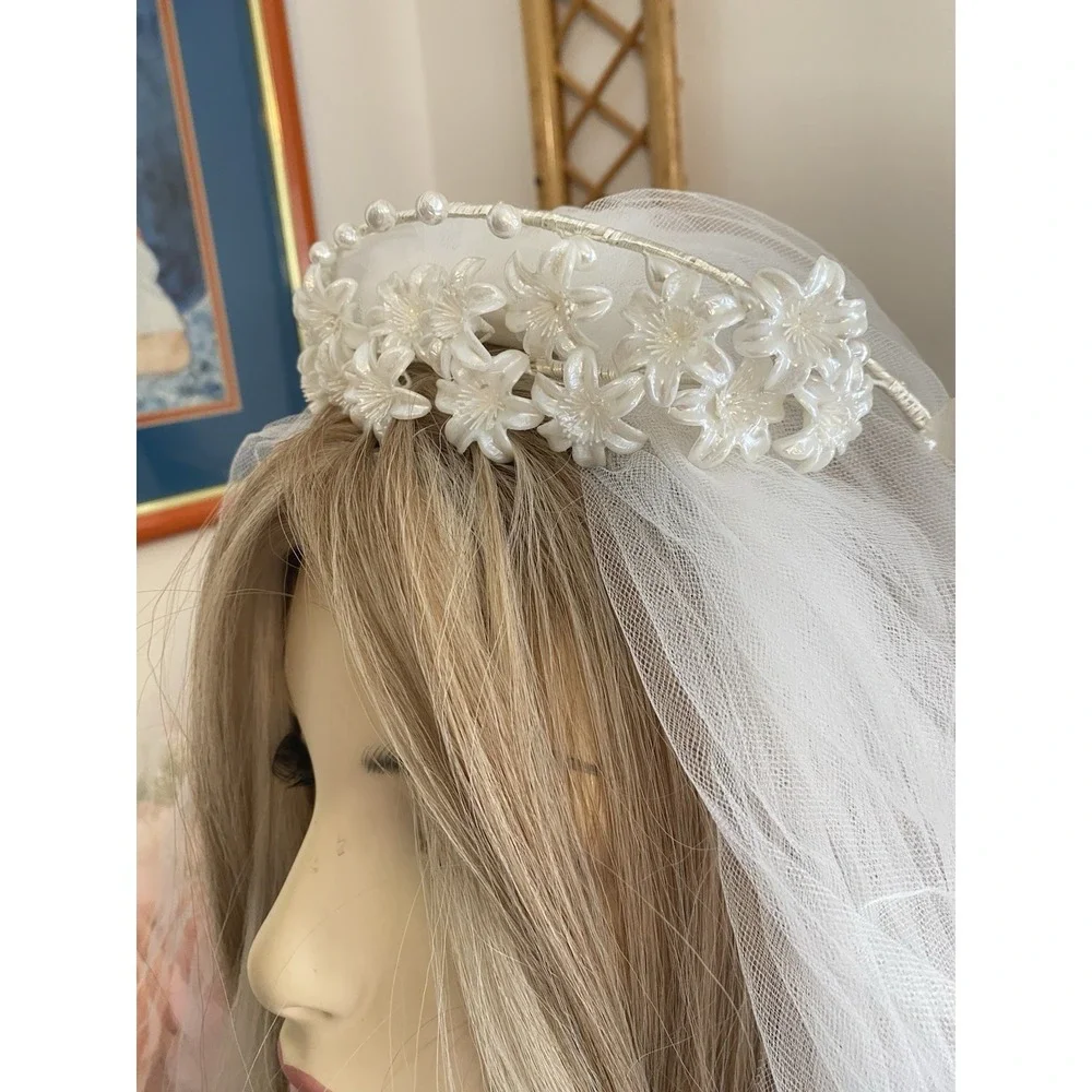 Vintage Floral Beaded Pearl Embellished Wedding‎ Crown Headband Pearlescent EUC